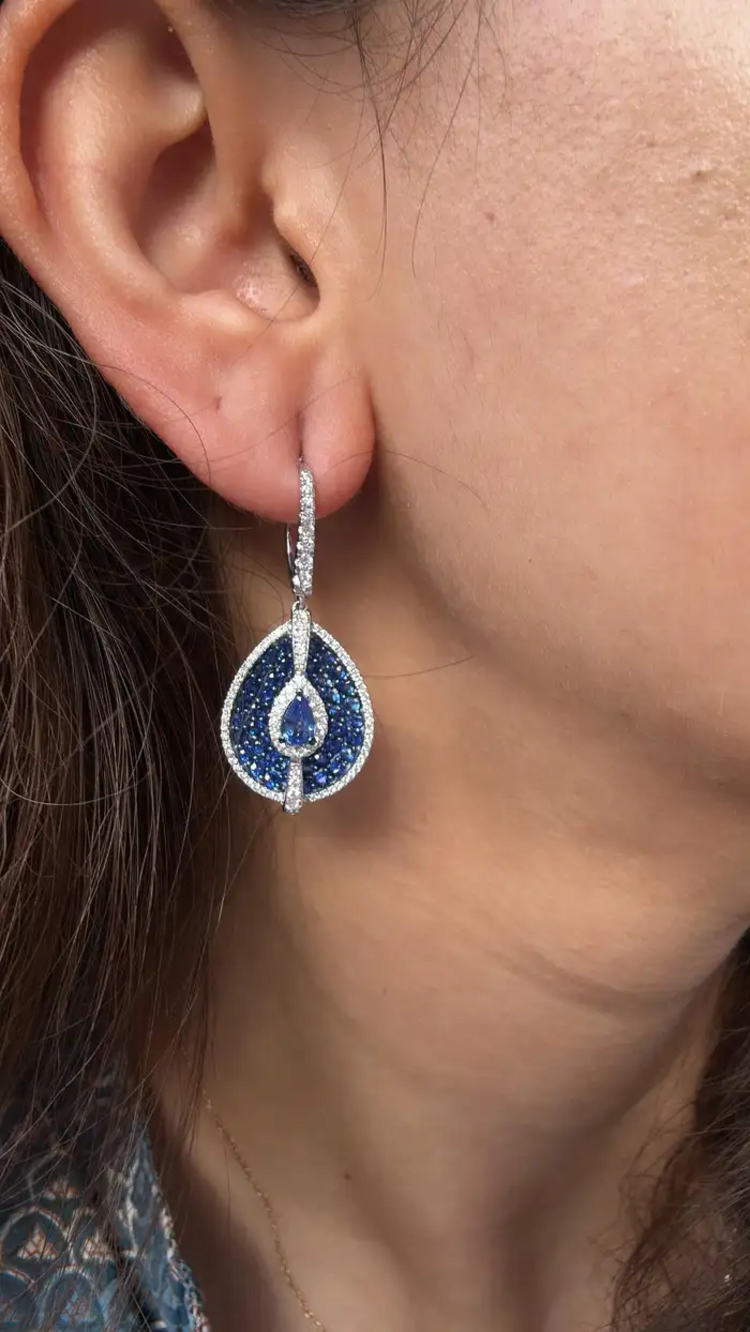 Natural Blue Sapphire & Diamond Earrings - 18k White Gold Handmade Dangle Earrings