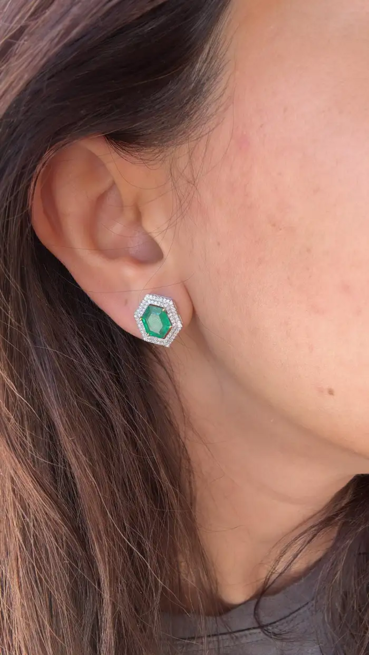 Natural Zambian Emerald Stud Earrings - 18k White Gold Diamond Tiny Stud Earrings
