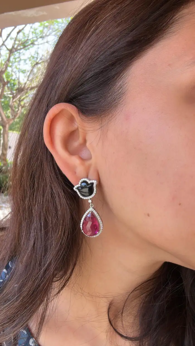 Natural Pear Shape Tourmaline & Black Onyx Gemstone Dangle Earrings - 18k White Gold Diamond Handmade Earrings