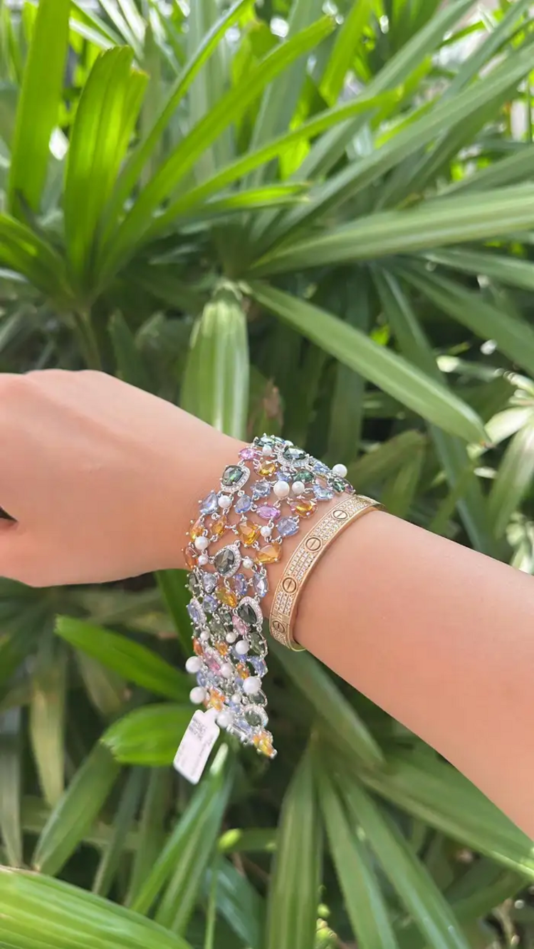 Natural Multi Sapphire & Pearls Link Bracelet - 18k White Gold Diamond Bracelet