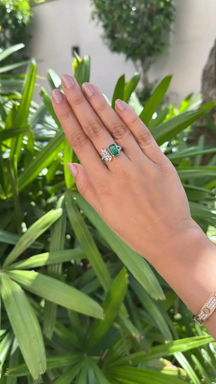 Natural Zambian Emerald Cuff Ring - 18k White Gold Rose Cut Diamond Wedding Ring