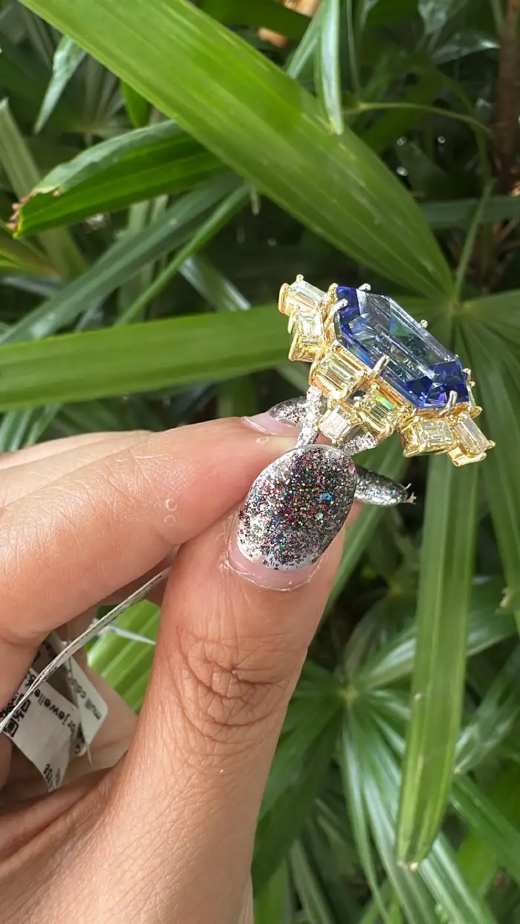 18k White Gold Yellow Diamond Engagement Ring - Natural Hexagon Cut Tanzanite Statement Ring