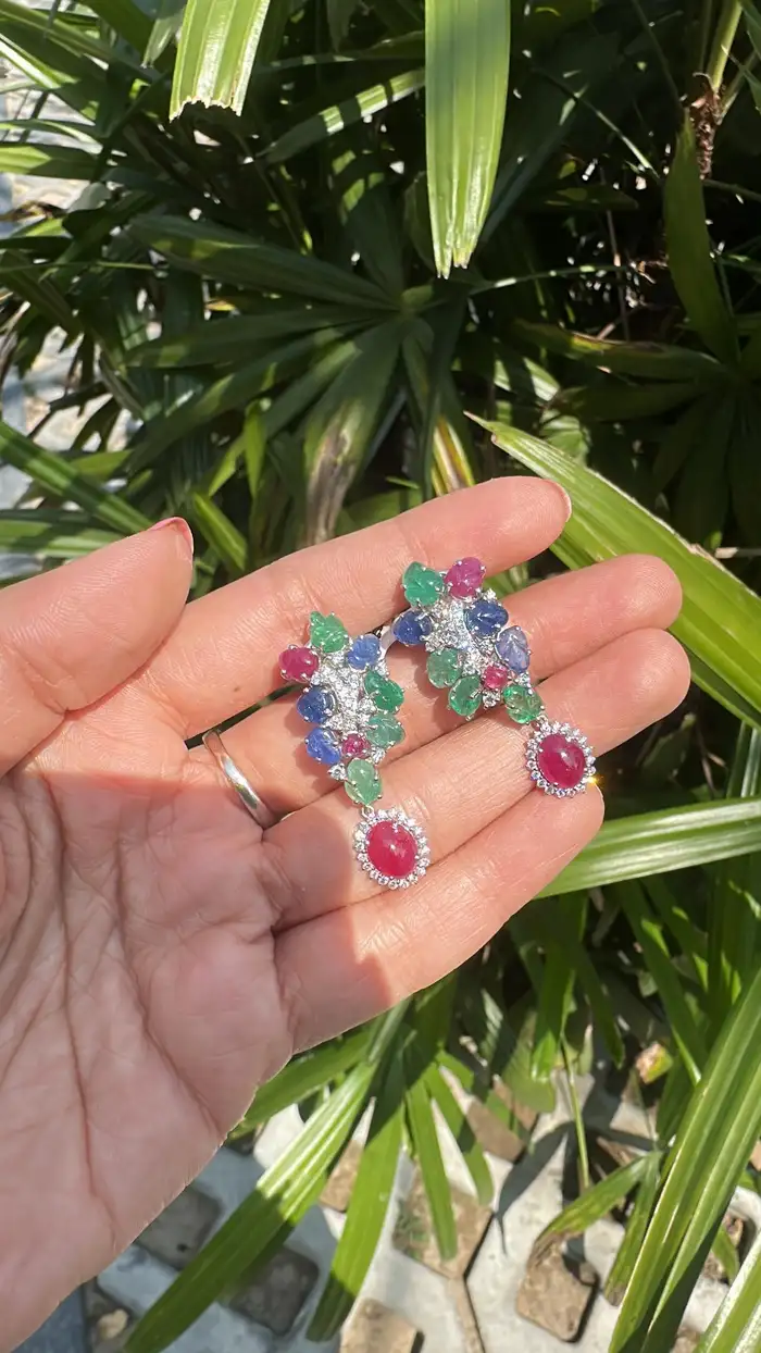 Natural Mozambique Ruby, Zambian Emerald & Blue Sapphire Dangle Earrings - 18k White Gold Diamond Chandelier Earrings