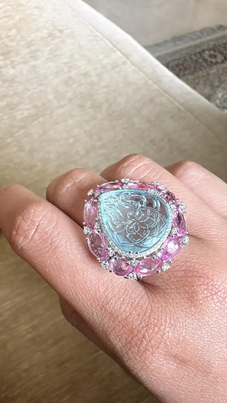 Carved Aquamarine & Pink Sapphire Gemstone Handmade Ring - Solid 18k White Gold Diamond Statement Ring