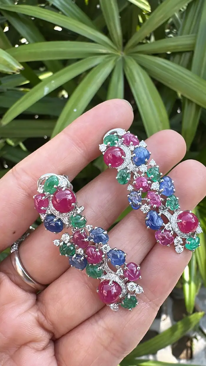 18k White Gold Diamond Dangle Earrings - Natural Mozambique Ruby, Zambian Emerald & Carved Blue Sapphire Earrings