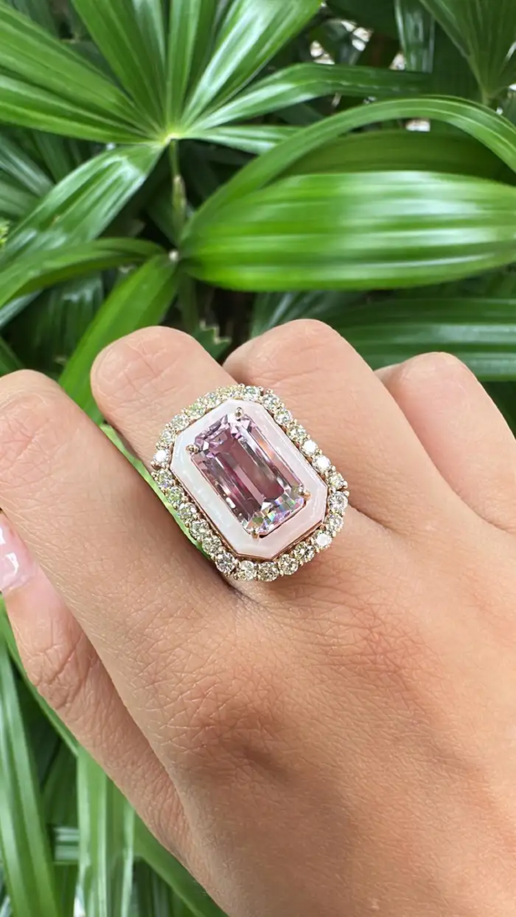 18k Rose Gold Diamond Handmade Ring - Natural Kunzite & Mother Of Pearl Cocktail Ring