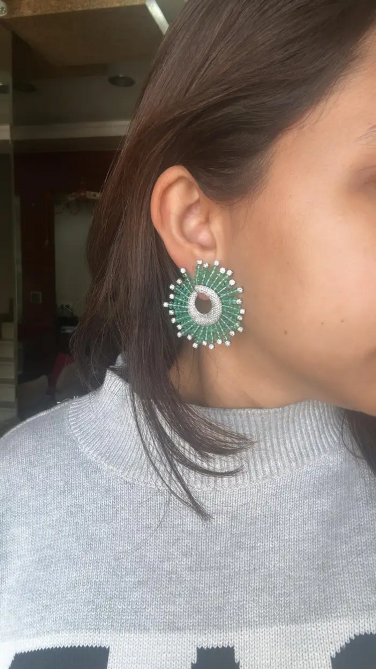 Natural Zambian Emerald Beads Earrings - 18k White Gold Diamond Stud Hoop Wedding Earrings