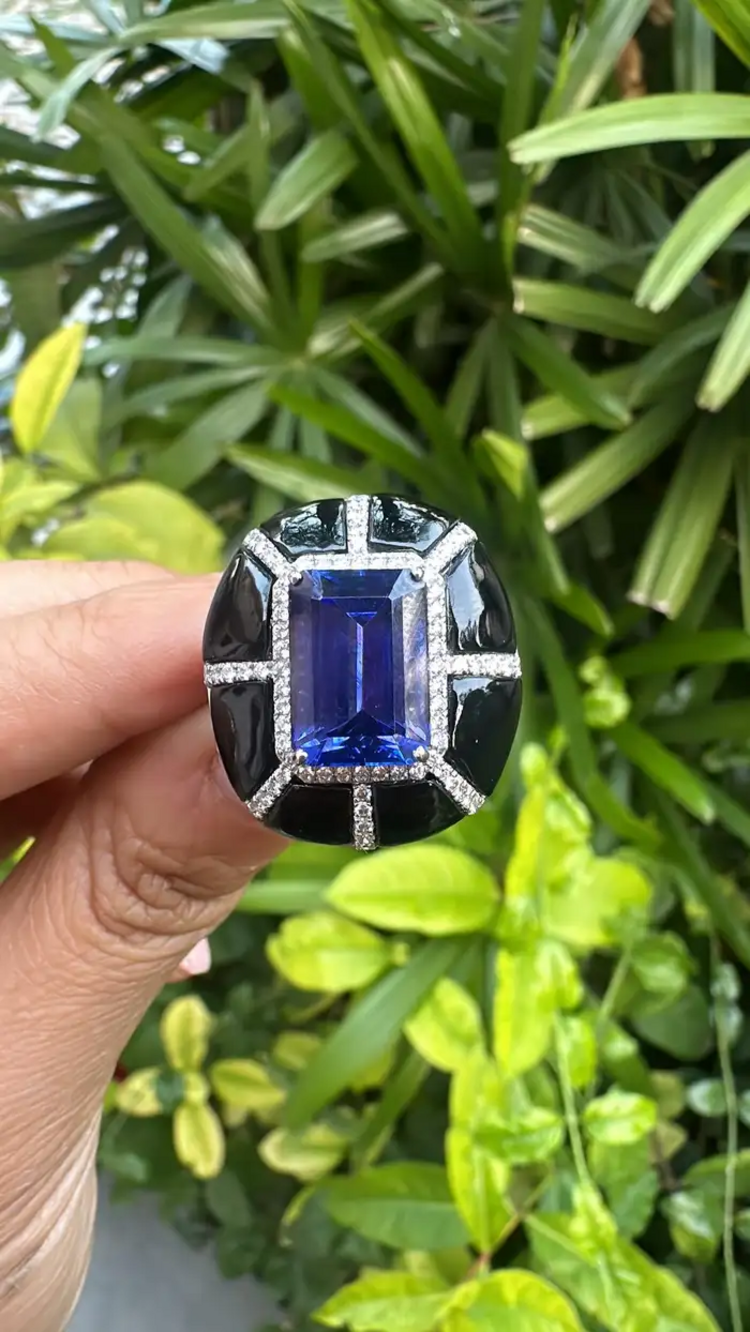 18k Gold Diamond Ring - Natural 7.33 Ct. Tanzanite & Black Onyx Ring - Handmade White Gold Ring