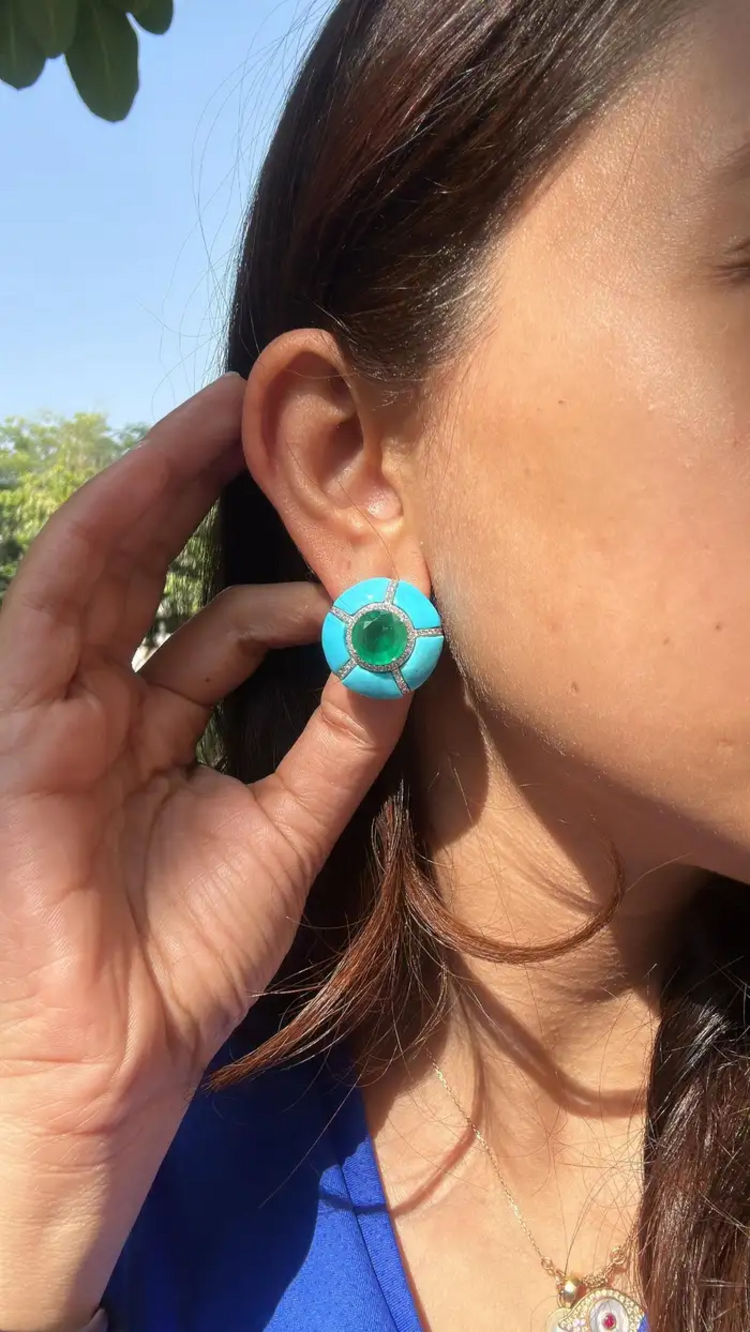 18k White Round Zambian Emerald Stud Earrings - Turquoise Gemstone & Diamond Women Jewelry
