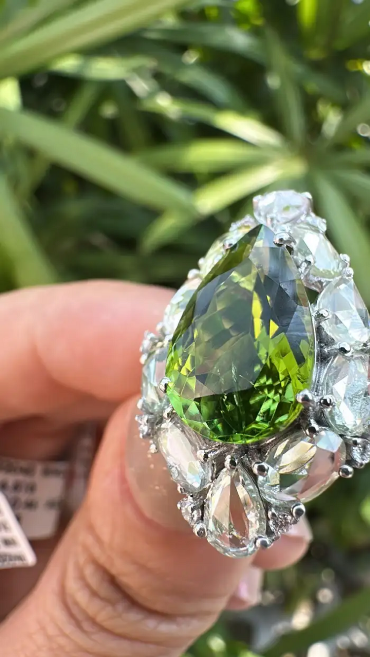Natural Tourmaline & White Sapphire Ring - 18k White Gold Diamond Handmade Ring
