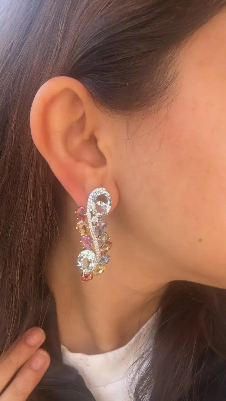 18k White Gold Multi Sapphire Chandelier Earring - Natural Aquamarine & Diamond Earrings