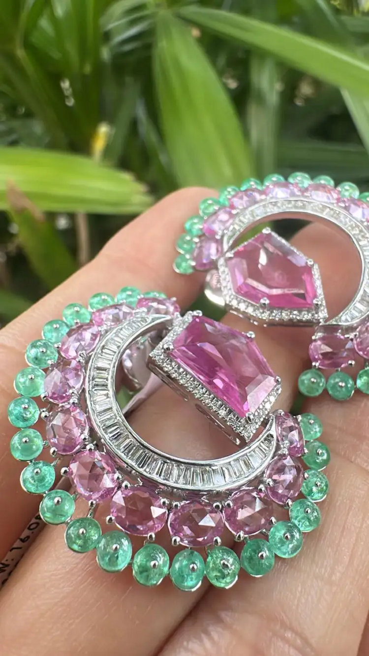 11.33 Ct. Pink Sapphire & Emerald Gemstone Stud Earrings - 18k White Gold Diamond Earrings