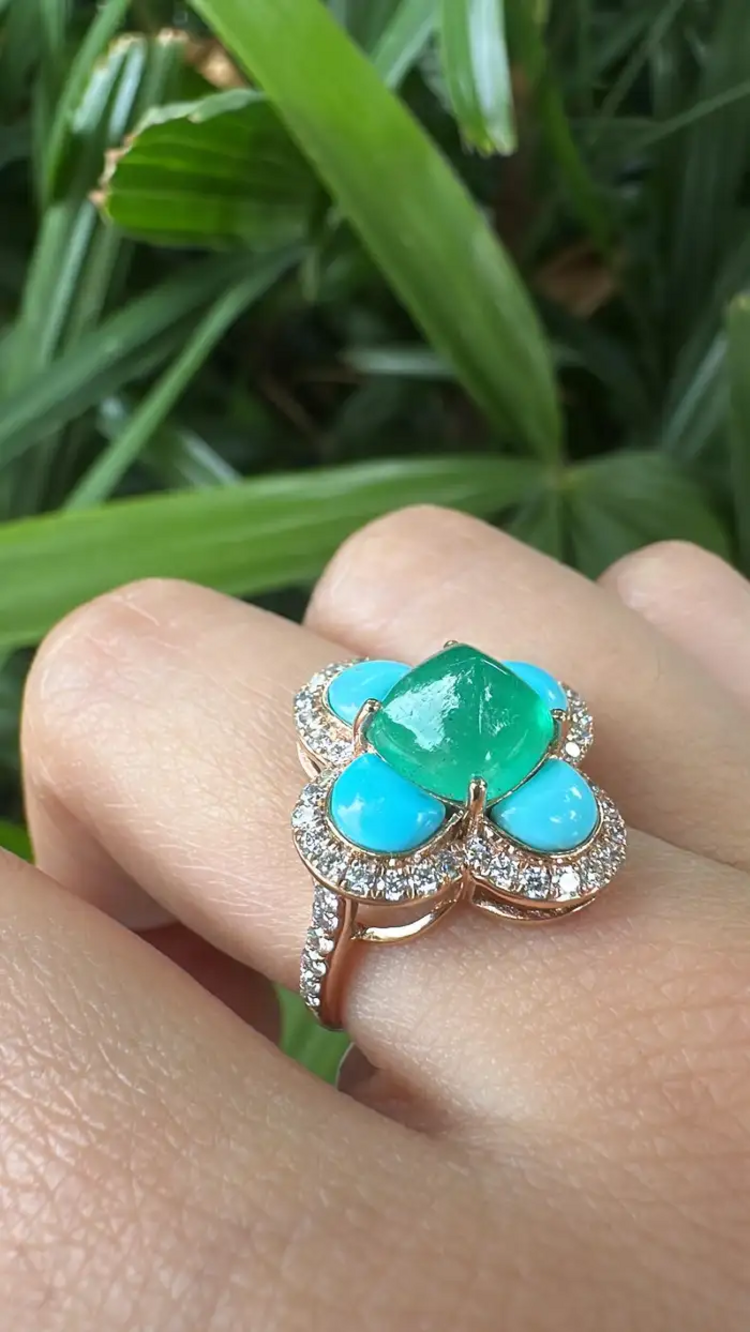 18k Rose Gold Diamond Handmade Ring With Natural Zambian Emerald & Turquoise