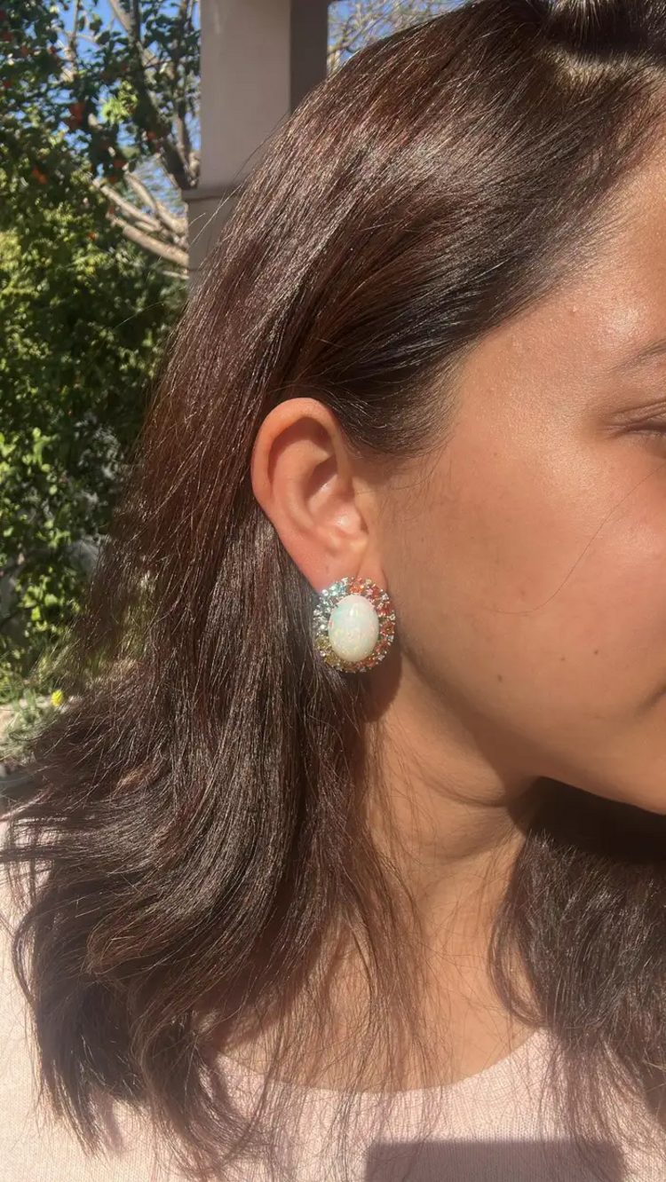 Natural Ethiopian Opal & Multi Sapphire Stud Earrings - 18k White Gold Diamond Earrings