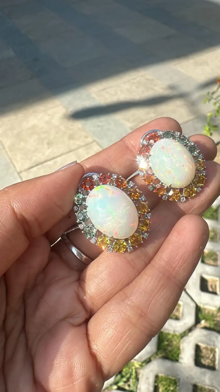 Natural Ethiopian Opal & Multi Sapphire Stud Earrings - 18k White Gold Diamond Earrings