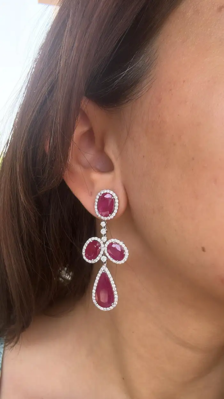 18k White Gold Diamond Dangle Earrings - Natural Mozambique Ruby Gemstone Wedding Earrings