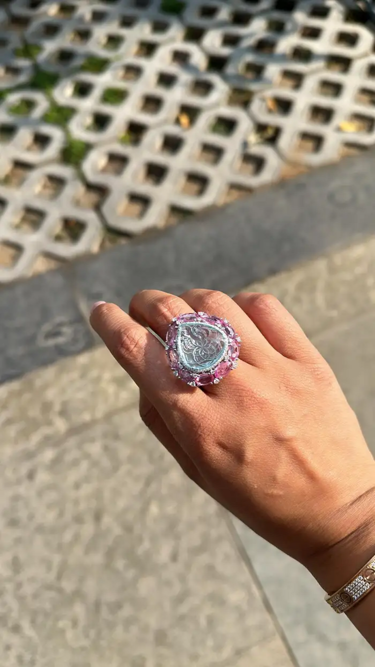 Carved Aquamarine & Pink Sapphire Gemstone Handmade Ring - Solid 18k White Gold Diamond Statement Ring