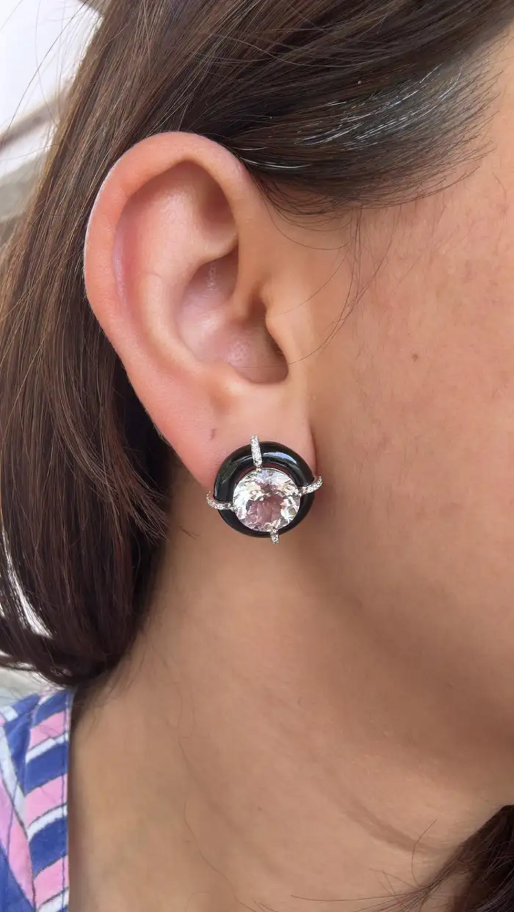 Natural Morganite & Black Onyx Stud Earrings - 18k Gold Diamond Round Tiny Stud Earrings