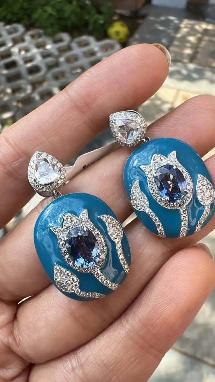 18k White Gold Rose Cut Diamond Handmade Dangle Earrings - Natural Blue Sapphire & Blue Enamel Earrings