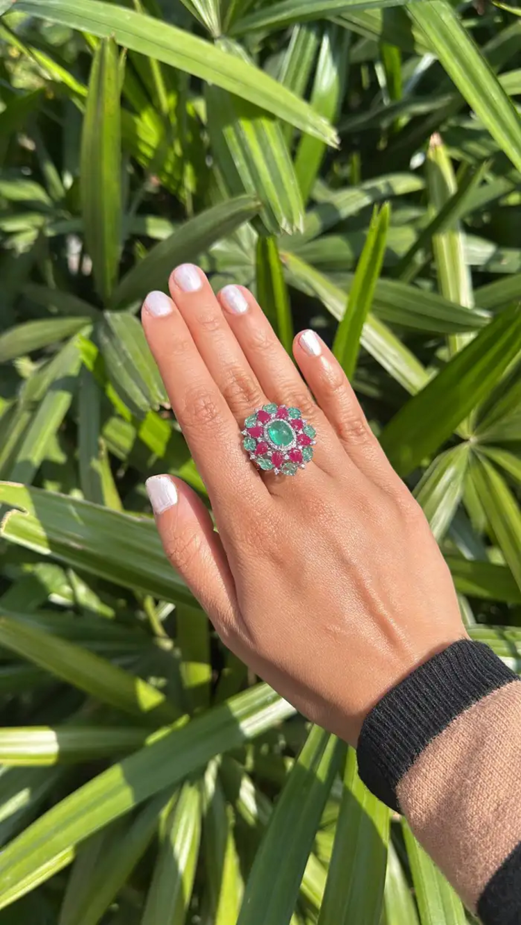 18k White Gold Carved Emerald & Ruby Gemstone Ring - Natural Colombian Emerald Cocktail Ring