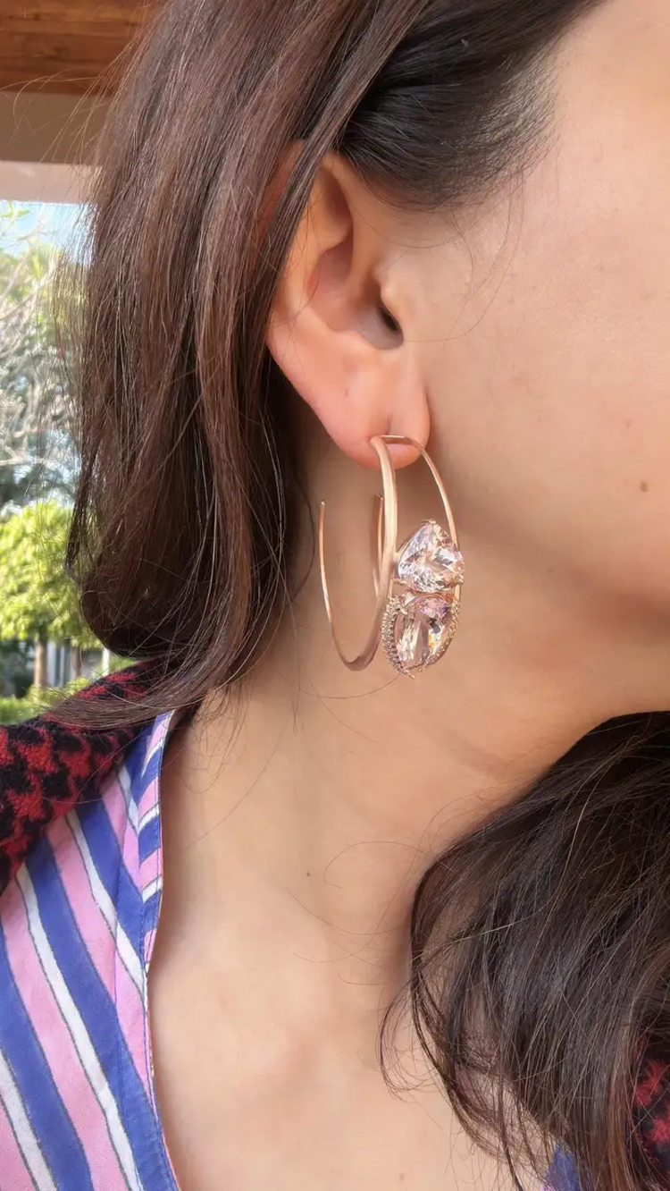 18k Yellow Matte Gold Hoop Earrings - Natural Morganite & Diamond Earrings