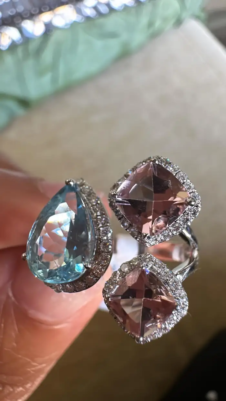 Aquamarine & Morganite Gemstone Ring - 18k White Gold Handmade Women Ring - Gold Diamond Wedding Gift Ring