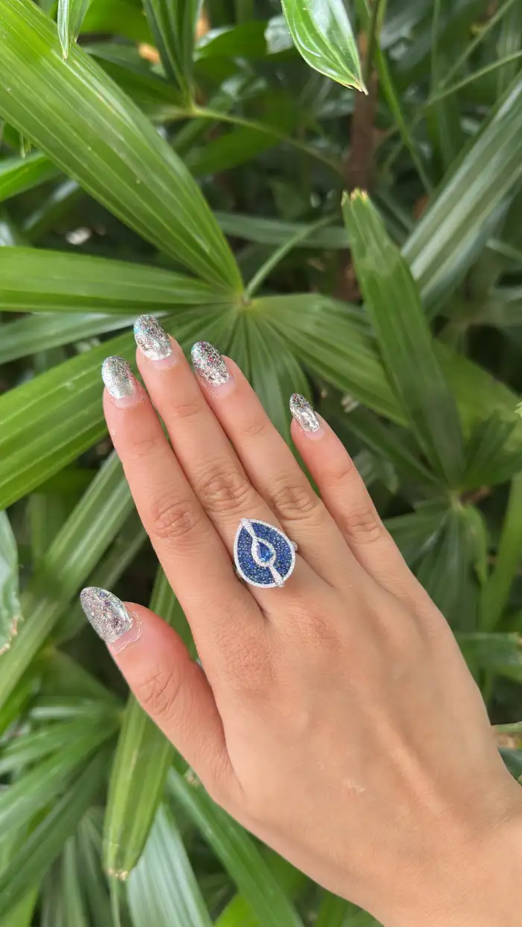 18k White Gold Diamond Handmade Ring - Natural Blue Sapphire Cocktail Ring