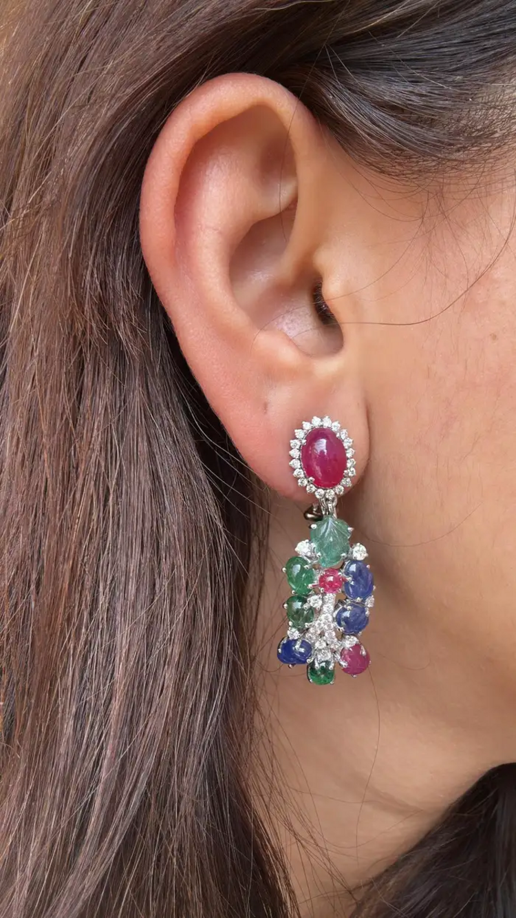 18k White Gold Diamond Dangle Earrings - Natural Ruby, Carved Emerald & Blue Sapphire Earrings