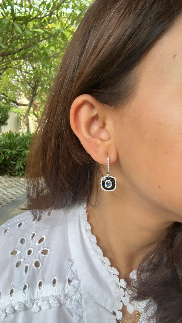 Natural Blue Sapphire & Black Onyx Earrings - 18k White Gold Diamond Earrings