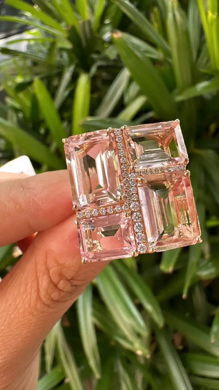 Natural Morganite Gemstone Cocktail Ring - 18k Rose Gold Diamond Ring