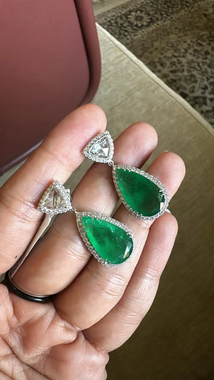 Solid 18k White Gold Handmade Dangle Earrings - Natural Zambian Emerald & Rose Cut Diamond Drop Dangle Women Earrings