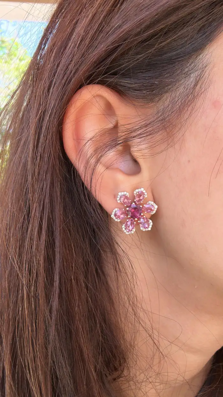 Natural Ceylon Pink Sapphires & Tourmaline Gemstone Floral Stud Earrings - 18k Rose Gold Diamond Earrings