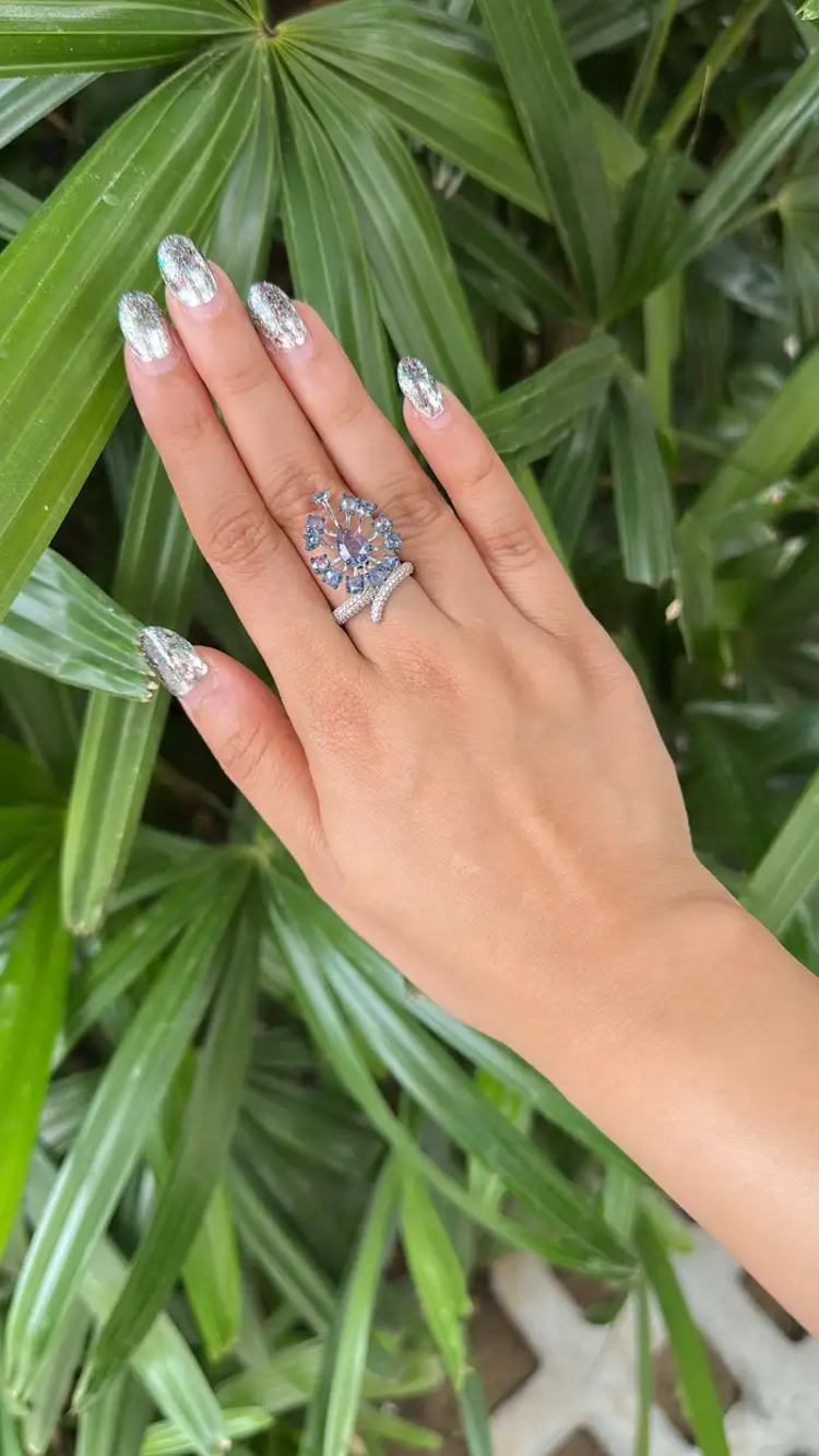 Natural Blue Sapphire & Diamond Cocktail Ring - 18k White Gold Handmade Ring