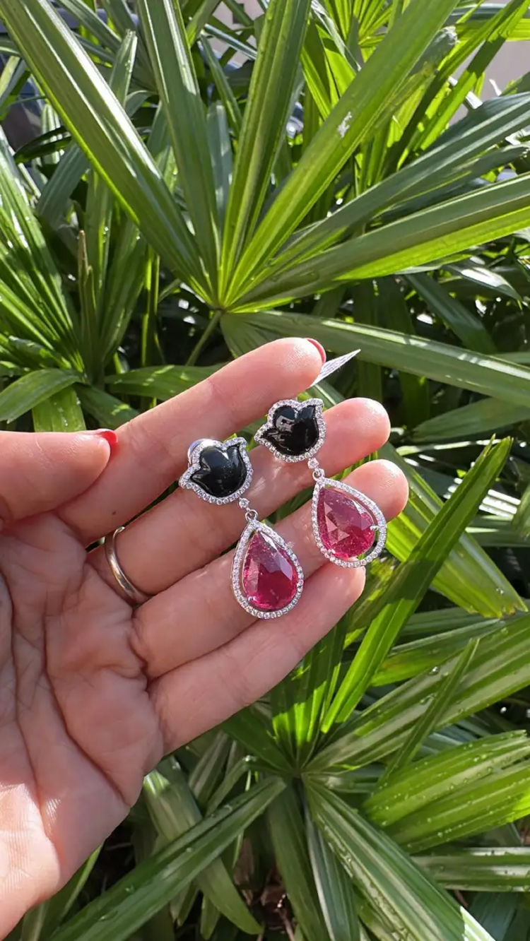 Natural Pear Shape Tourmaline & Black Onyx Gemstone Dangle Earrings - 18k White Gold Diamond Handmade Earrings