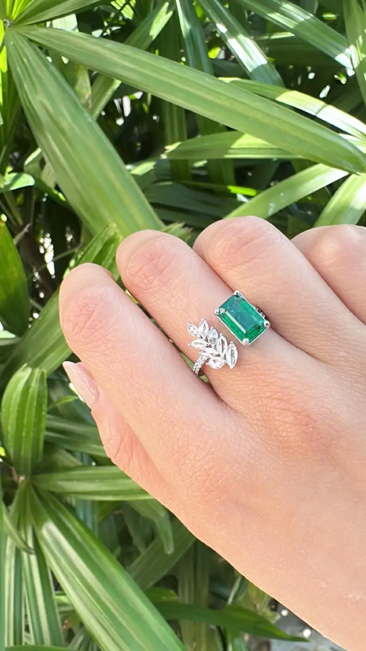 Natural Zambian Emerald Cuff Ring - 18k White Gold Rose Cut Diamond Wedding Ring