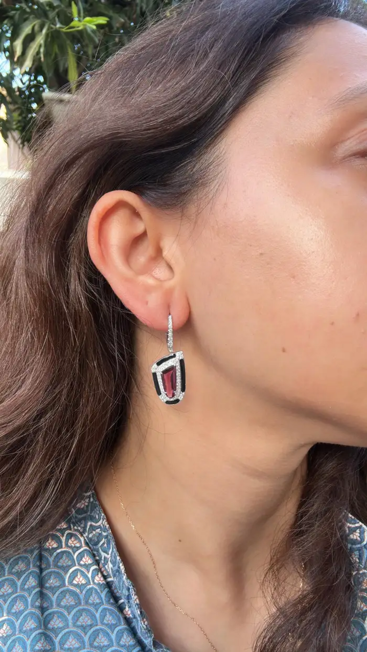 Natural Tourmaline & Black Enamel Earrings - 18k White Gold Diamond Dangle Earrings