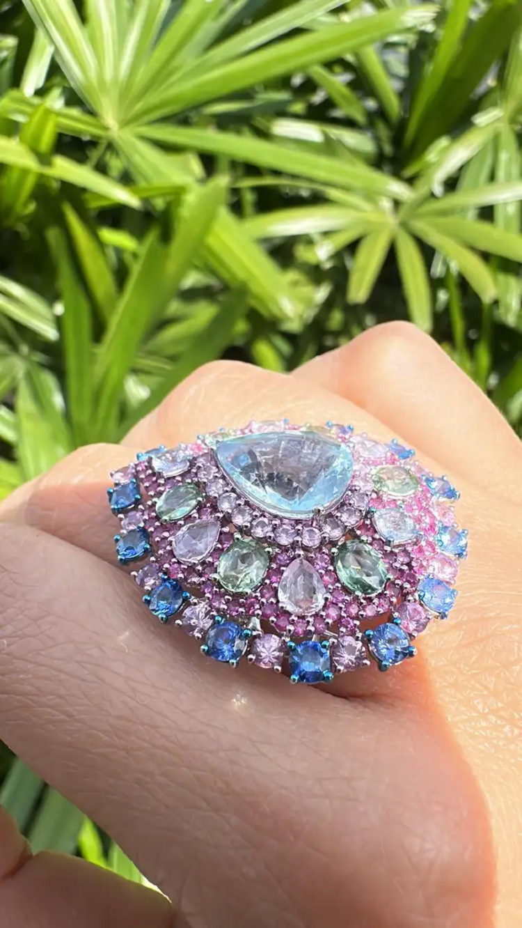Natural Aquamarine & Multi Sapphire Gemstone Statement Ring - 18k White Gold Diamond Wedding Ring