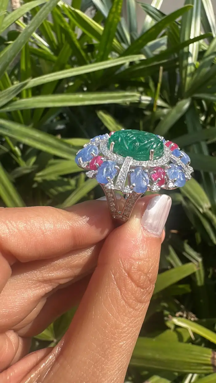 18k White Gold Handmade Cocktail Ring - Carved Emerald, Blue Sapphire & Ruby Statement Ring - Gold Diamond Women Ring