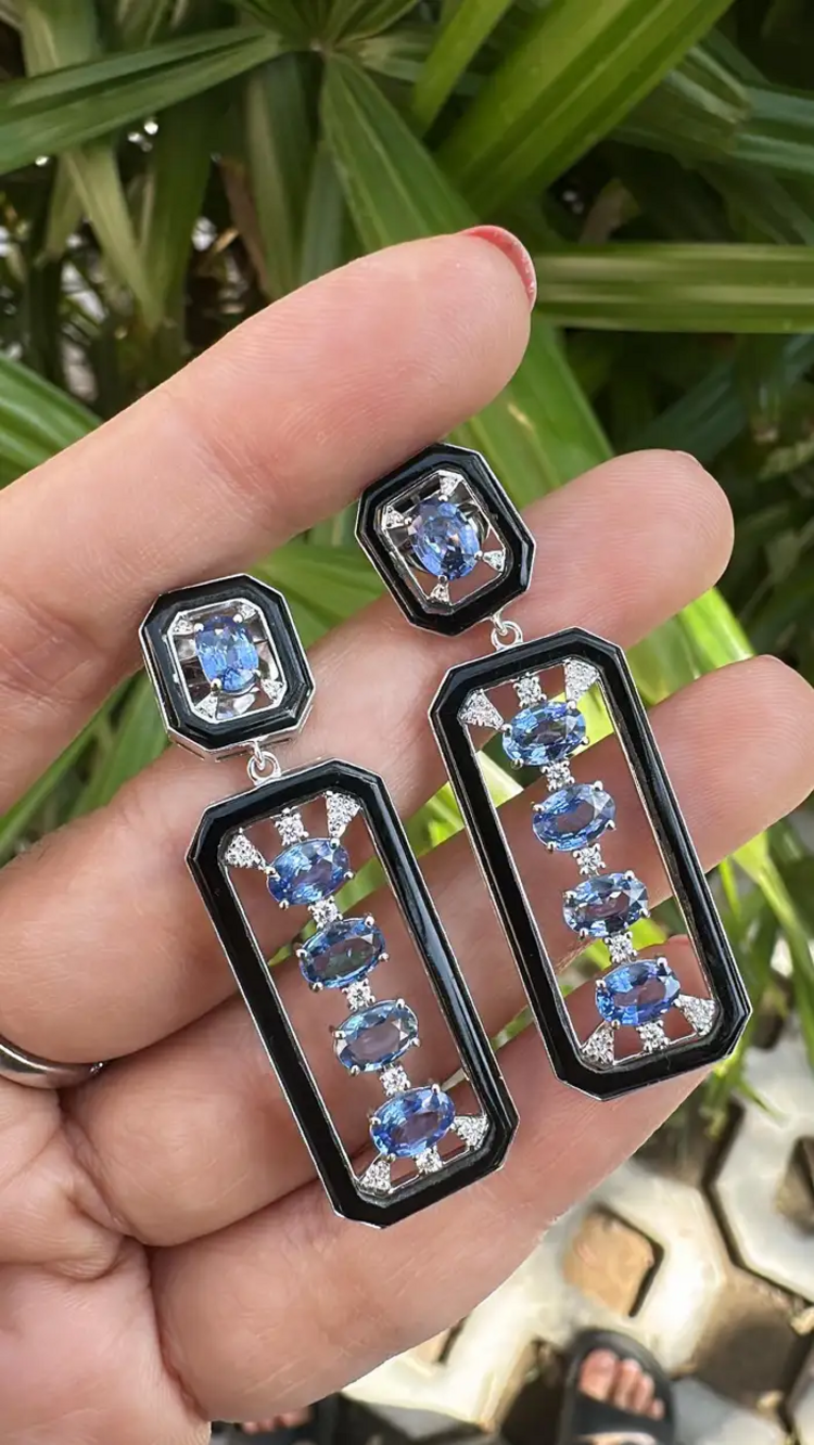 5.59 Ct. Oval Cut Ceylon Blue Sapphire 18k White Gold Earrings - Natural Diamond & Black Onyx Dangle Earrings
