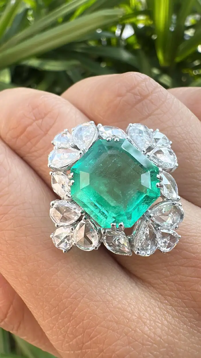 9.22 Ct. Colombian Emerald Engagement Ring - Natural Rose Cut Diamond Wedding Ring