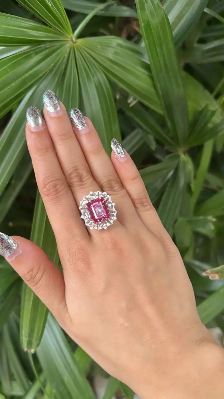 18k White Gold Rose Cut Diamond Cocktail Ring - Natural Ruby & Pink Sapphire Wedding Ring
