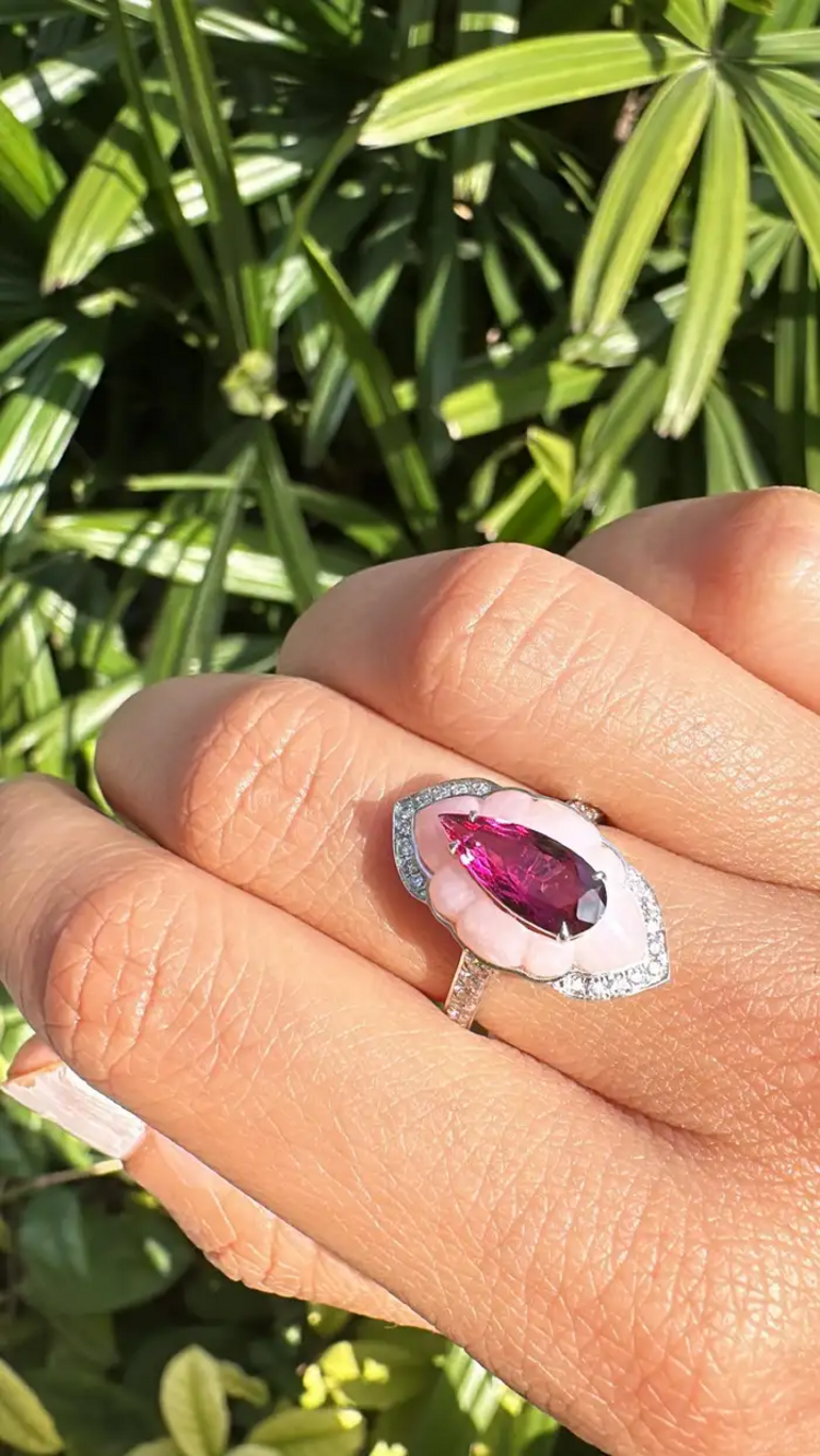 Natural Rubellite & Pink Opal Wedding Ring - 18k White Gold Handmade Diamond Ring