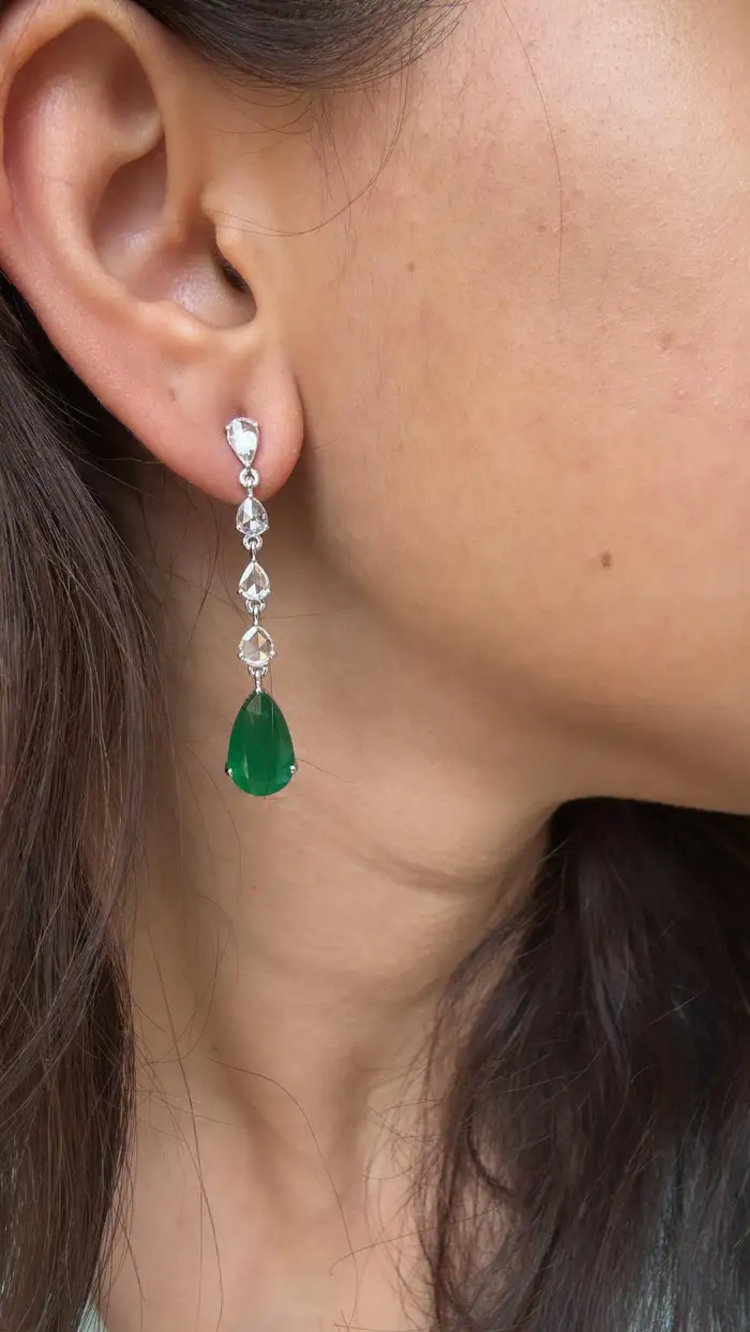 18k White Gold Diamond Dangle Earrings - Natural Pear Shape Zambian Emerald Earrings - Rose Cut Diamonds Earrings