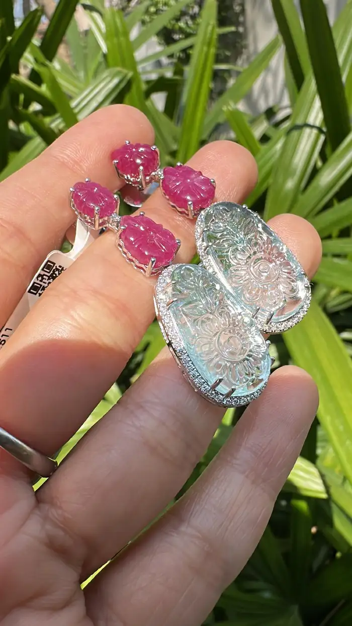 Natural Mozambique Ruby & Aquamarine Gemstone Dangle Earrings - 18k White Gold Diamond Earrings