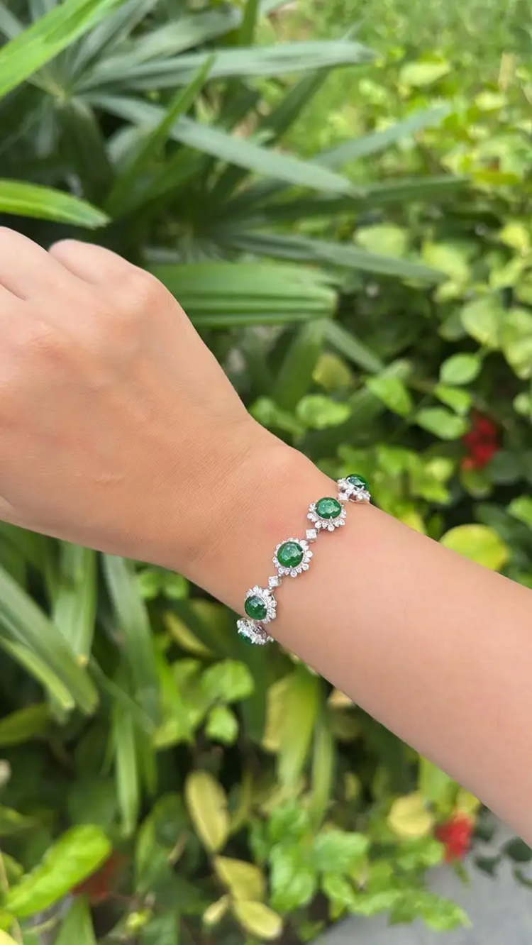 7.70 Ct. Burmese Jadeite & Diamond Bracelet - 18k White Gold Handmade Women Bracelet