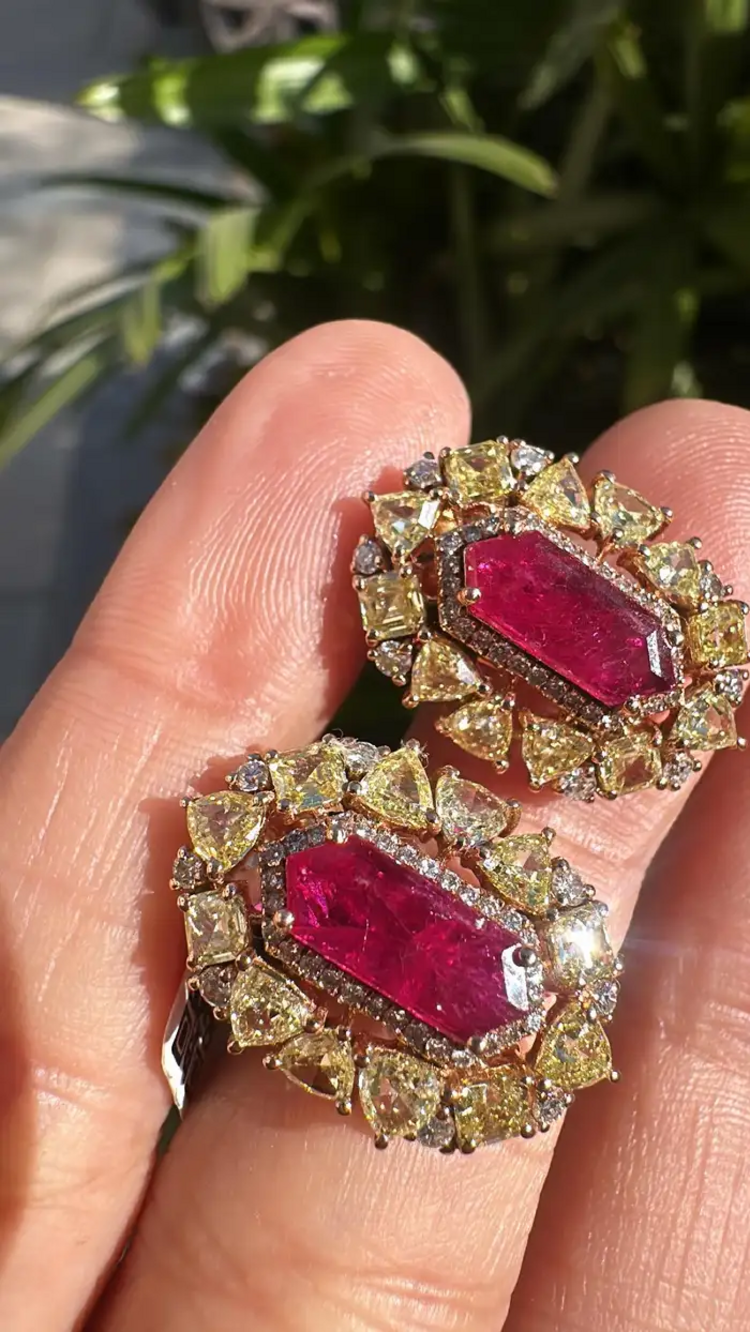 18k Rose Gold Yellow Diamond Stud Earrings - Natural Mozambique Ruby Tiny Earrings