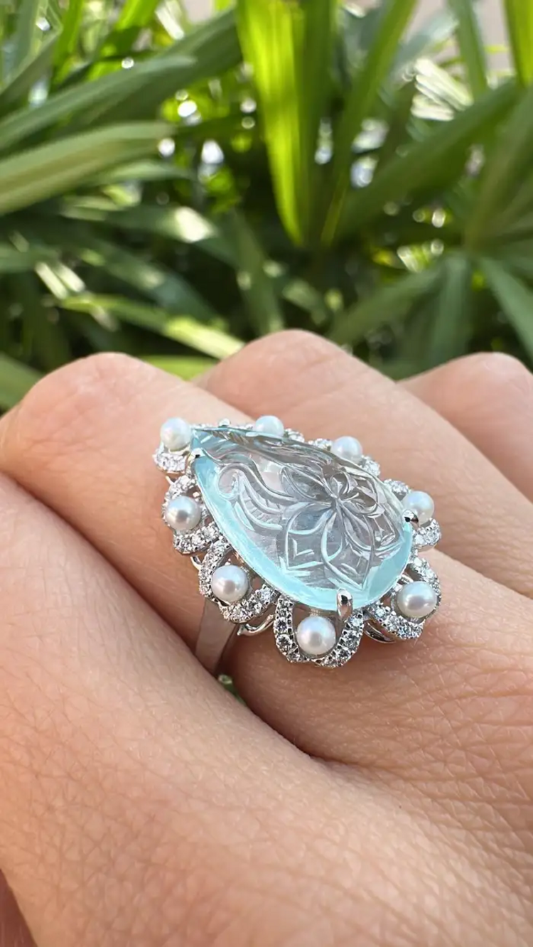 6.28 Ct. Carved Aquamarine & Fresh Water Pearl Engagement Ring - 18k White Gold Diamond Handmade Ring