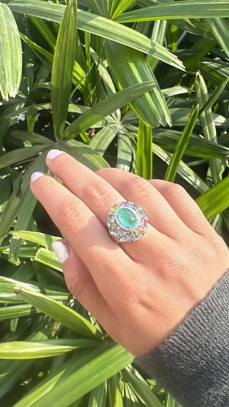 18k White Gold Handmade Diamond Ring - Natural Multi Sapphire, Colombian Emerald Dome Ring