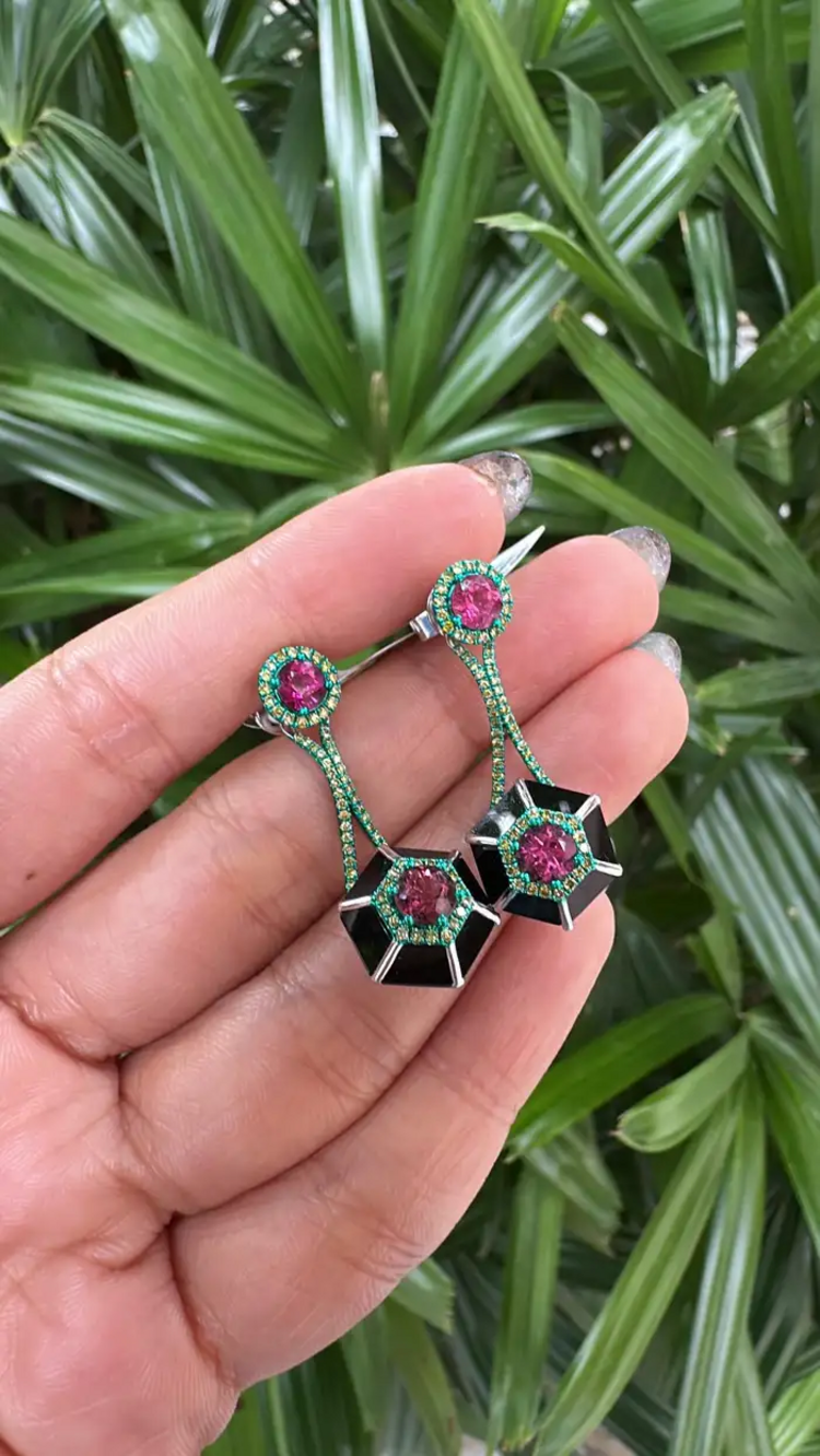 Green Rhodium 18k Gold Diamond Dangle Earrings - Natural Tourmaline & Black Onyx Stud Earrings