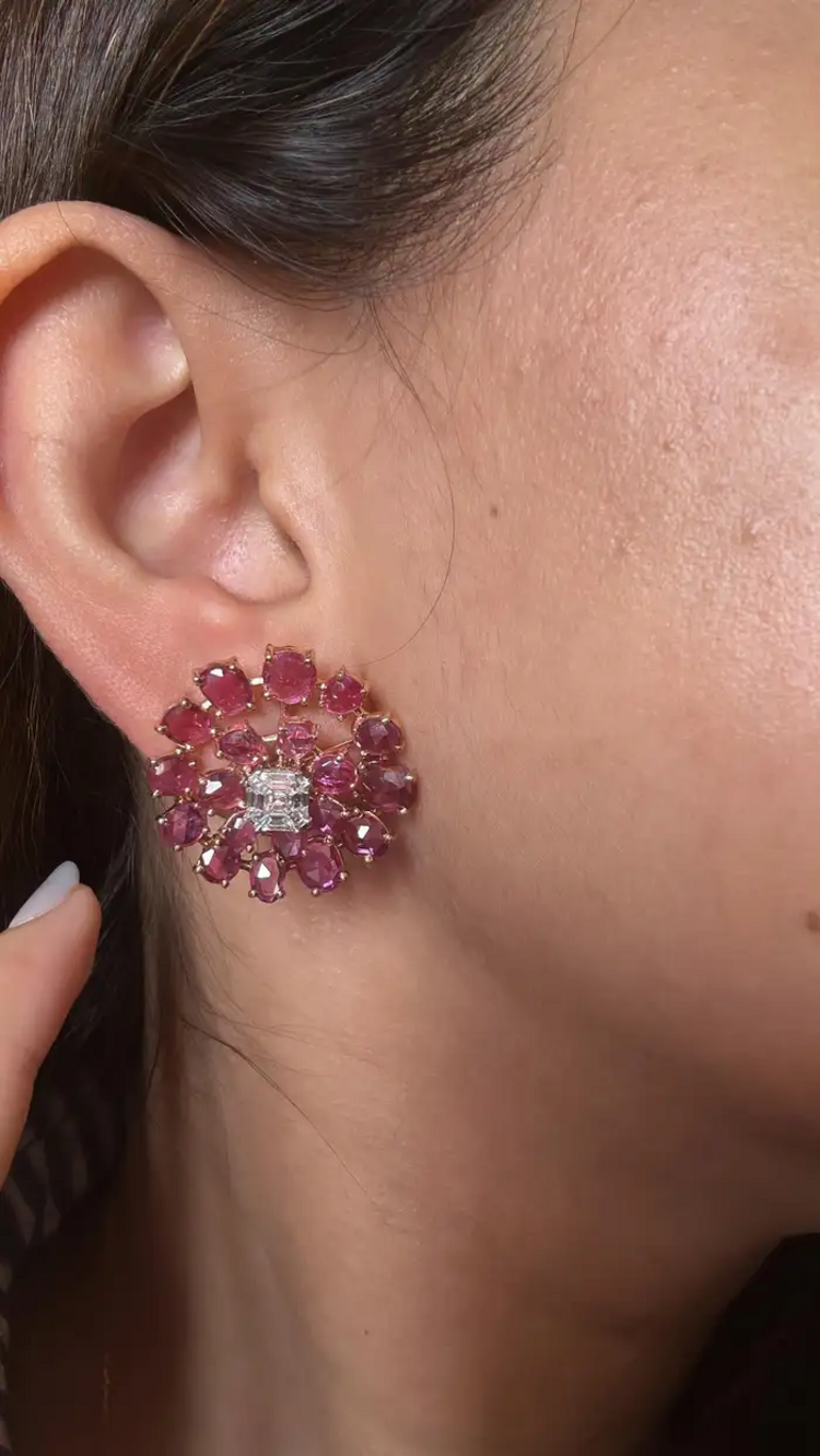 Natural Ceylon Pink Sapphire Floral Stud Earrings - 18k Rose Gold Diamond Stud Earrings